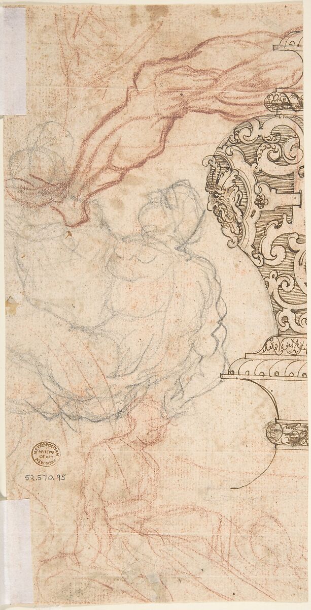 Design for a Cartouche with Acanthus Scrolls from which Female Figures Emerge, Anonymous, German, 17th century, Pen and brown and black ink and graphite with traces of red chalk