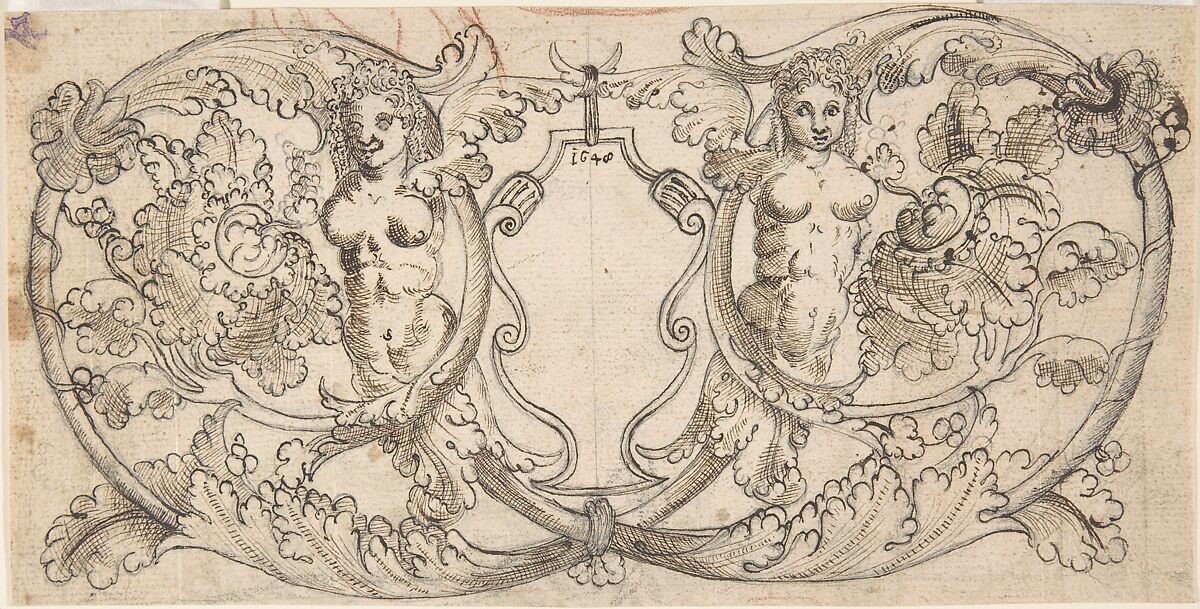 Design for a Cartouche with Acanthus Scrolls from which Female Figures Emerge, Anonymous, German, 17th century, Pen and brown and black ink and graphite with traces of red chalk 