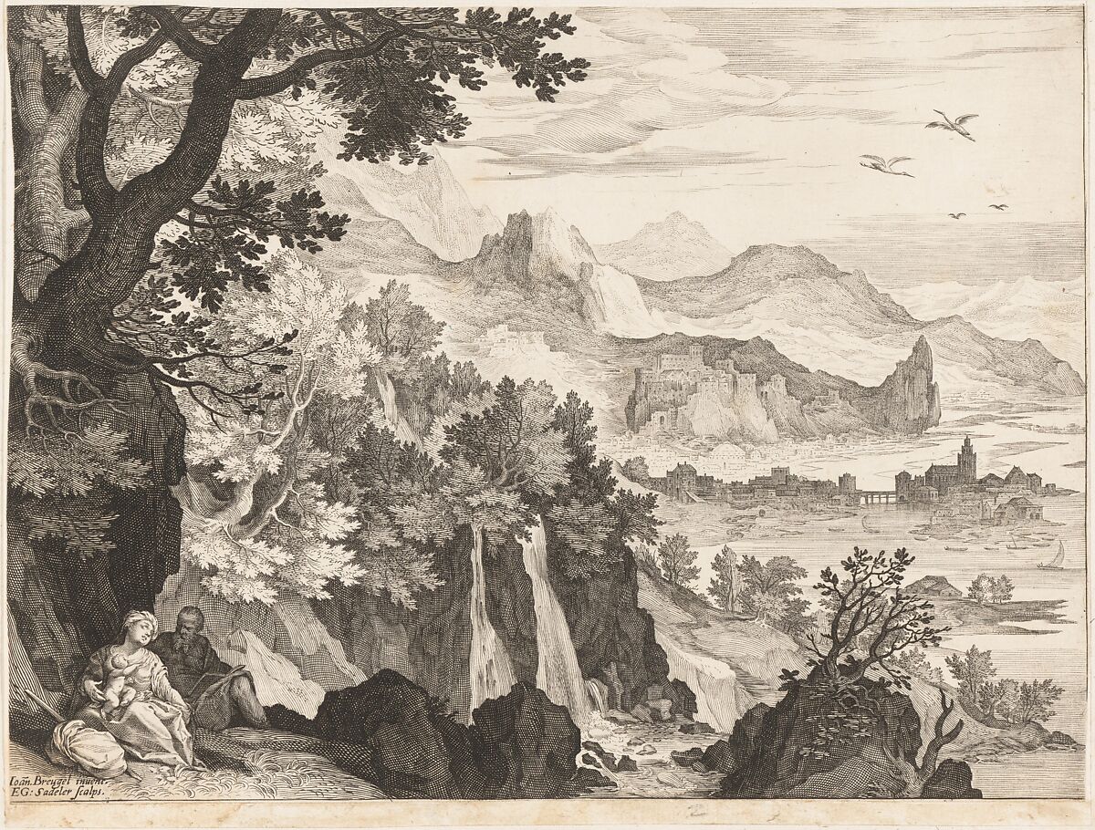 Mountainous Landscape with the Rest on the Flight into Egypt, Aegidius Sadeler II (Netherlandish, Antwerp 1568–1629 Prague), Engraving; first state