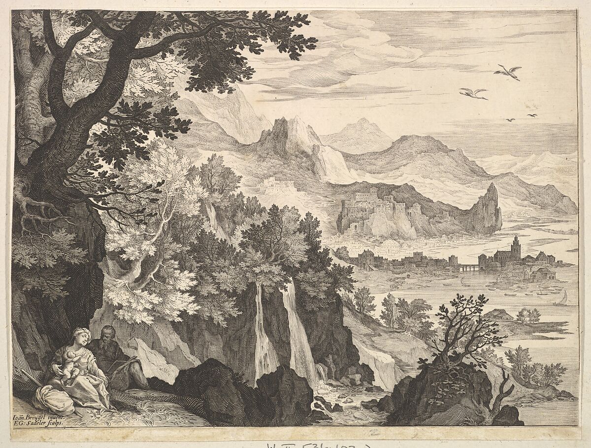 Mountainous Landscape with the Rest on the Flight into Egypt, Aegidius Sadeler II (Netherlandish, Antwerp 1568–1629 Prague), Engraving; first state 