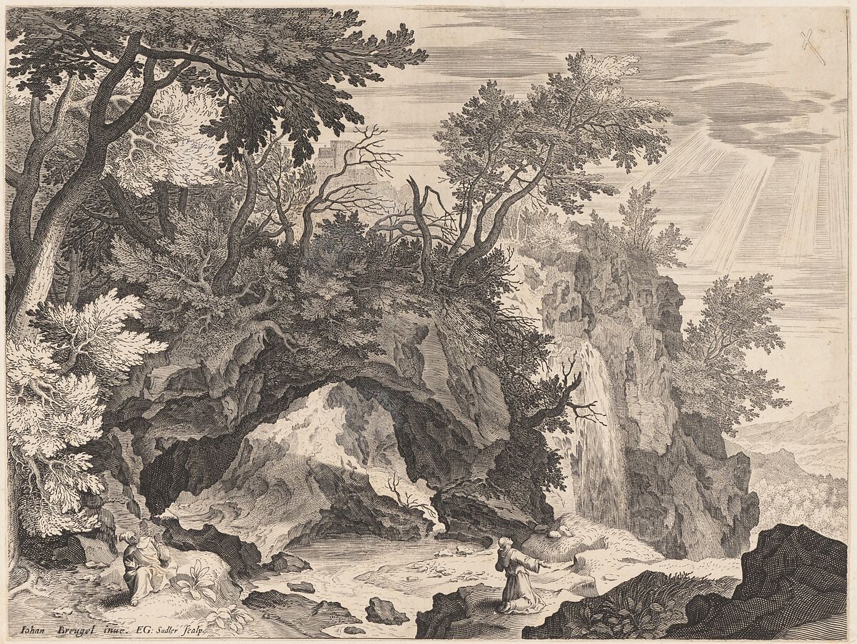 Rocky Landscape with the Stigmatisation of Saint Francis, Aegidius Sadeler II (Netherlandish, Antwerp 1568–1629 Prague), Engraving