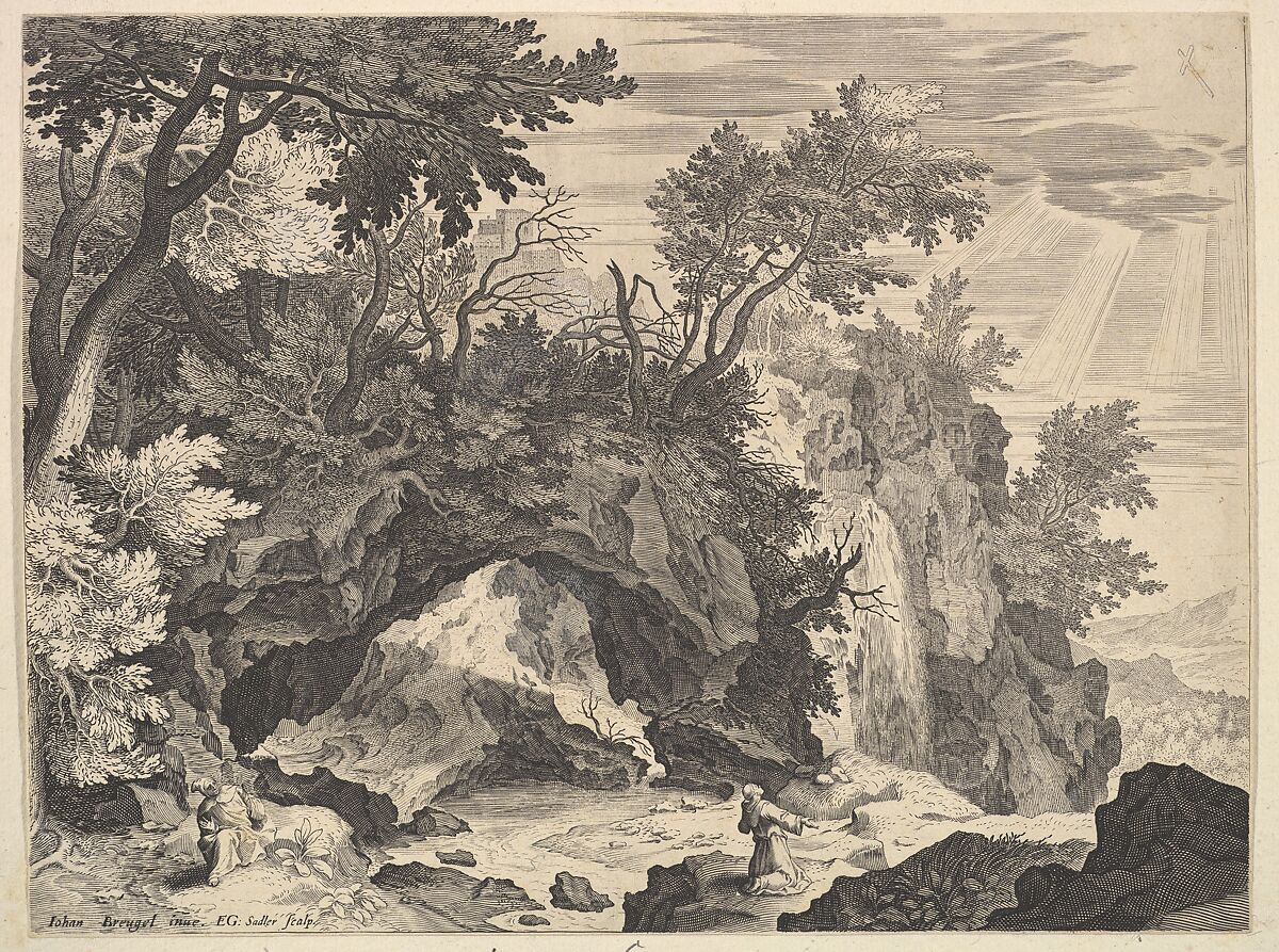 Rocky Landscape with the Stigmatisation of Saint Francis, Aegidius Sadeler II (Netherlandish, Antwerp 1568–1629 Prague), Engraving 