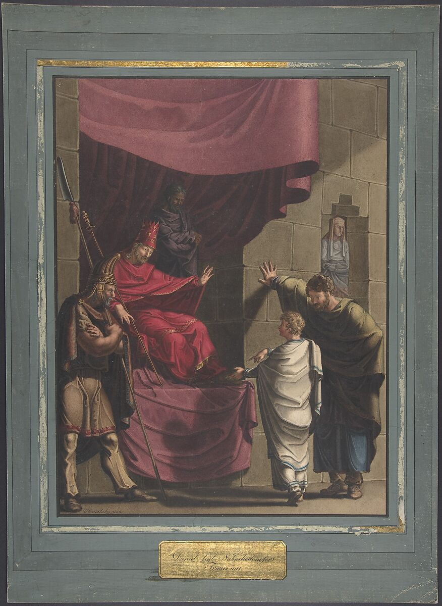 Daniel interprets Nebuchadnezzar's Dream, Franz von Hauslab the Younger (Austrian, Vienna 1798–1883), Watercolor, gouache, and traces of graphite. Black pen and ink border added when laid on blue mount. 