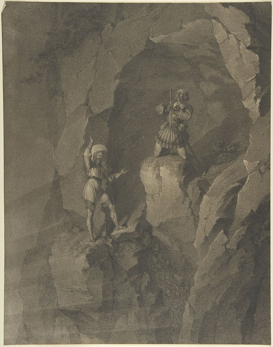 Soldiers in a Cave Receiving Blessings from Heaven, Franz von Hauslab the Younger (Austrian, Vienna 1798–1883), Black chalk on prepared paper with brown wash. 