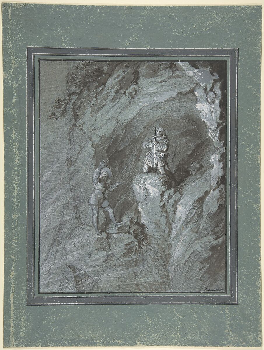 Soldiers in a Cave Receiving Blessings from Heaven, Franz von Hauslab the Younger (Austrian, Vienna 1798–1883), Graphite, brush and brown ink, and gouache. Pen and black ink framing lines added when mounted 