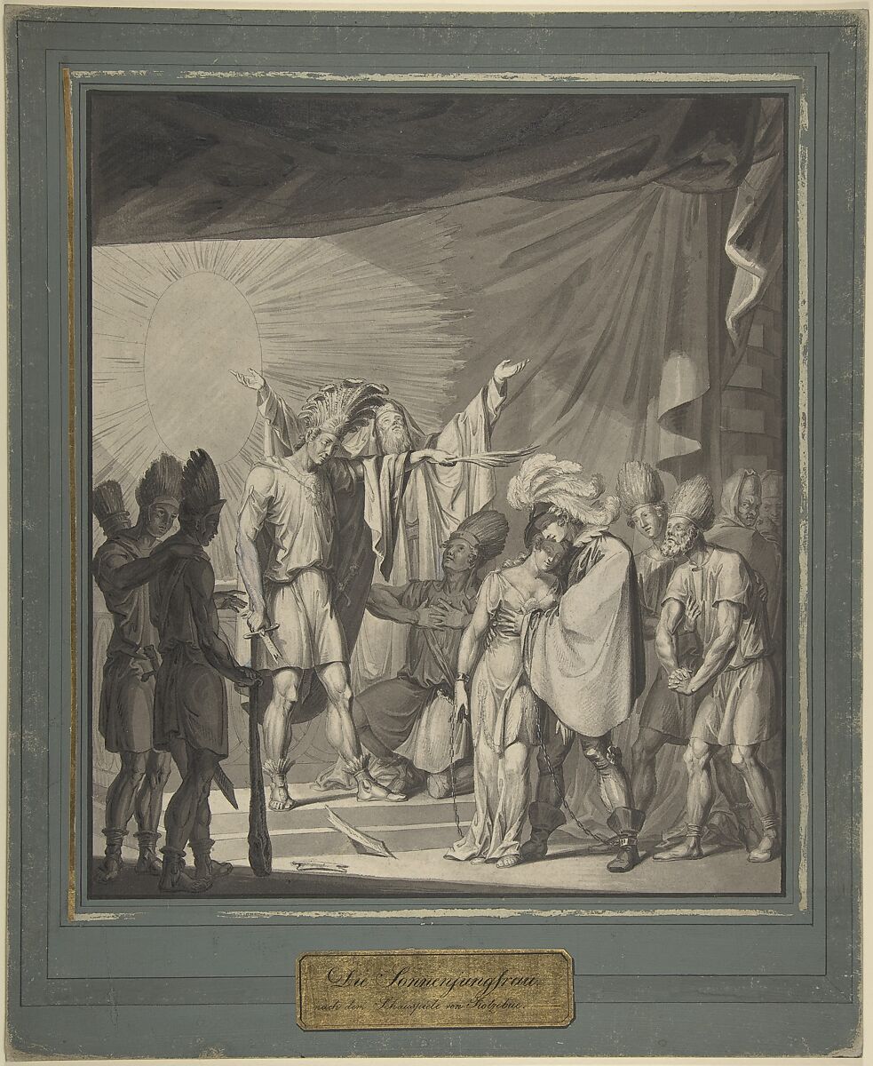 Sun King Anointing a Bound Couple, from August von Kotzebue's Die Sonnenjungfrau, Franz von Hauslab the Younger (Austrian, Vienna 1798–1883), Brush and gray ink, gray wash, and touches of gouache; pen and black ink framing lines added when mounted 