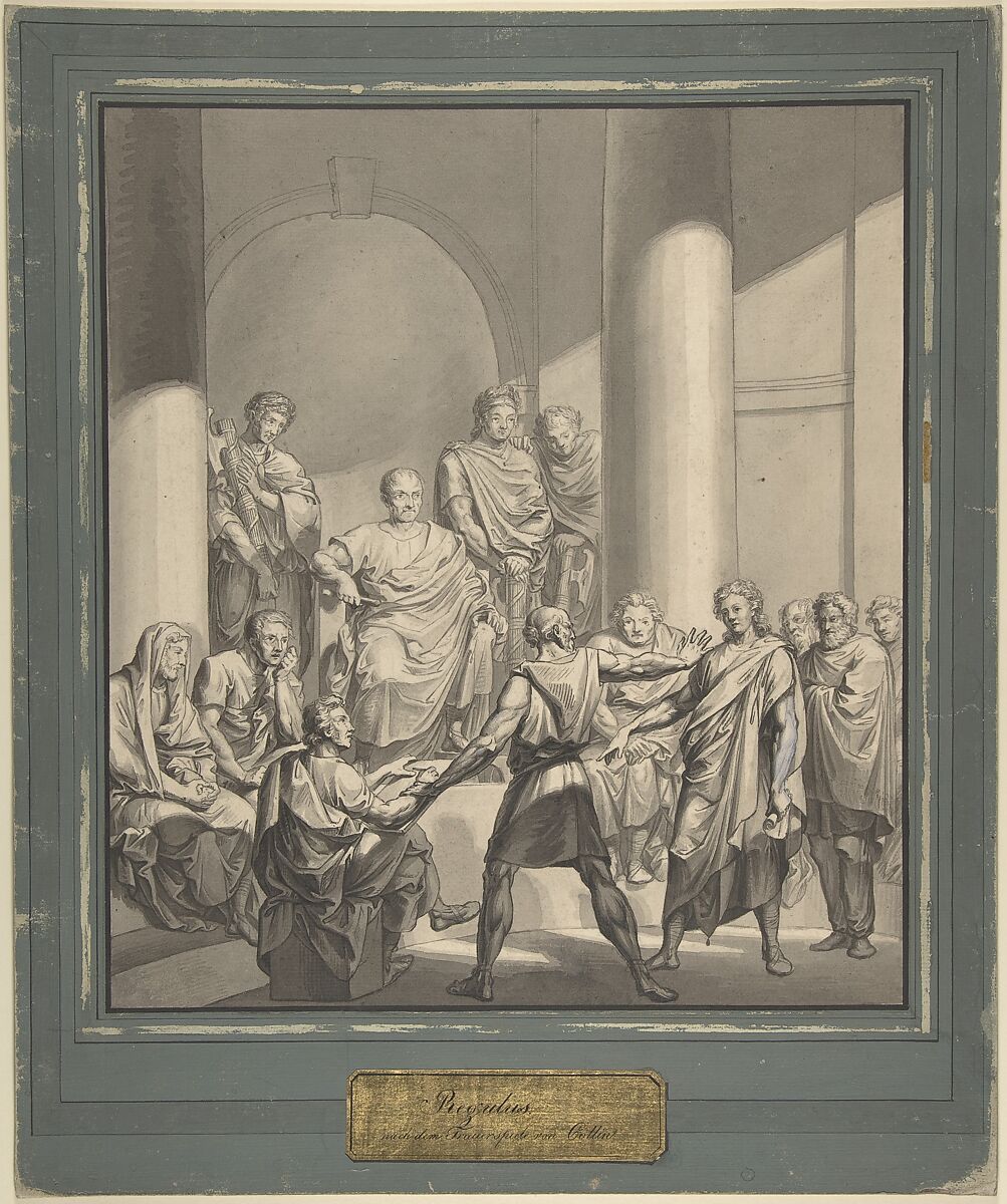 Assembly of Roman Figures, from Regulus, a play by Collin, Franz von Hauslab the Younger (Austrian, Vienna 1798–1883), Pen and brush and gray ink, touches of gouache and graphite; pen and black ink framing lines added when mounted 