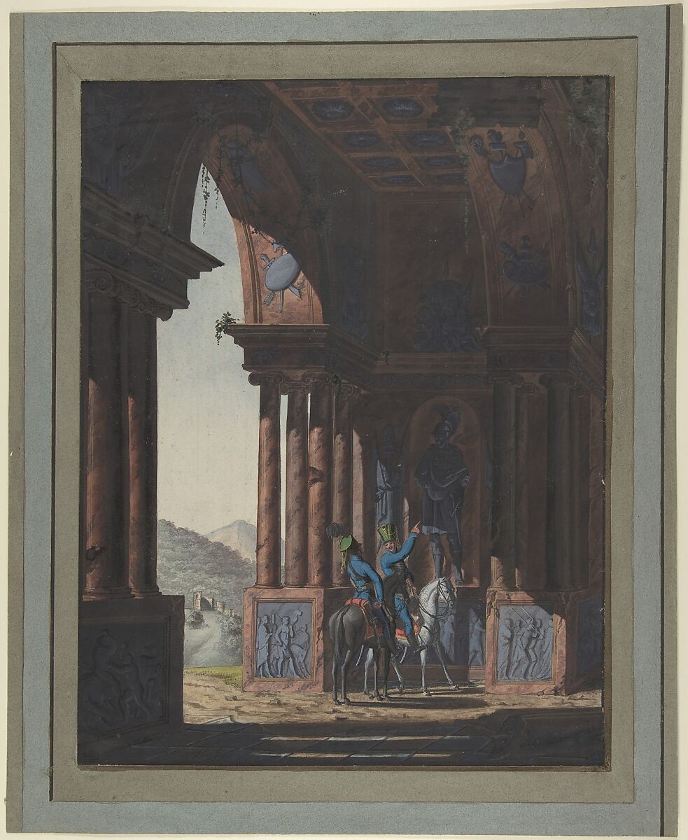 Two Mounted Soldiers in Classical Ruins, for a poem by Cremes, Franz von Hauslab the Younger (Austrian, Vienna 1798–1883), Watercolor, gouache, and pen and black ink.  Pen and black ink framing line added when mounted. 