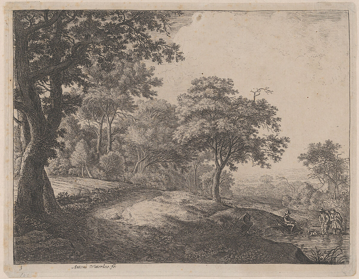 A Man and a Woman Crossing a Stream, Anthonie Waterloo (Dutch, Lille 1609–1690 Utrecht), Etching; fourth state of four 