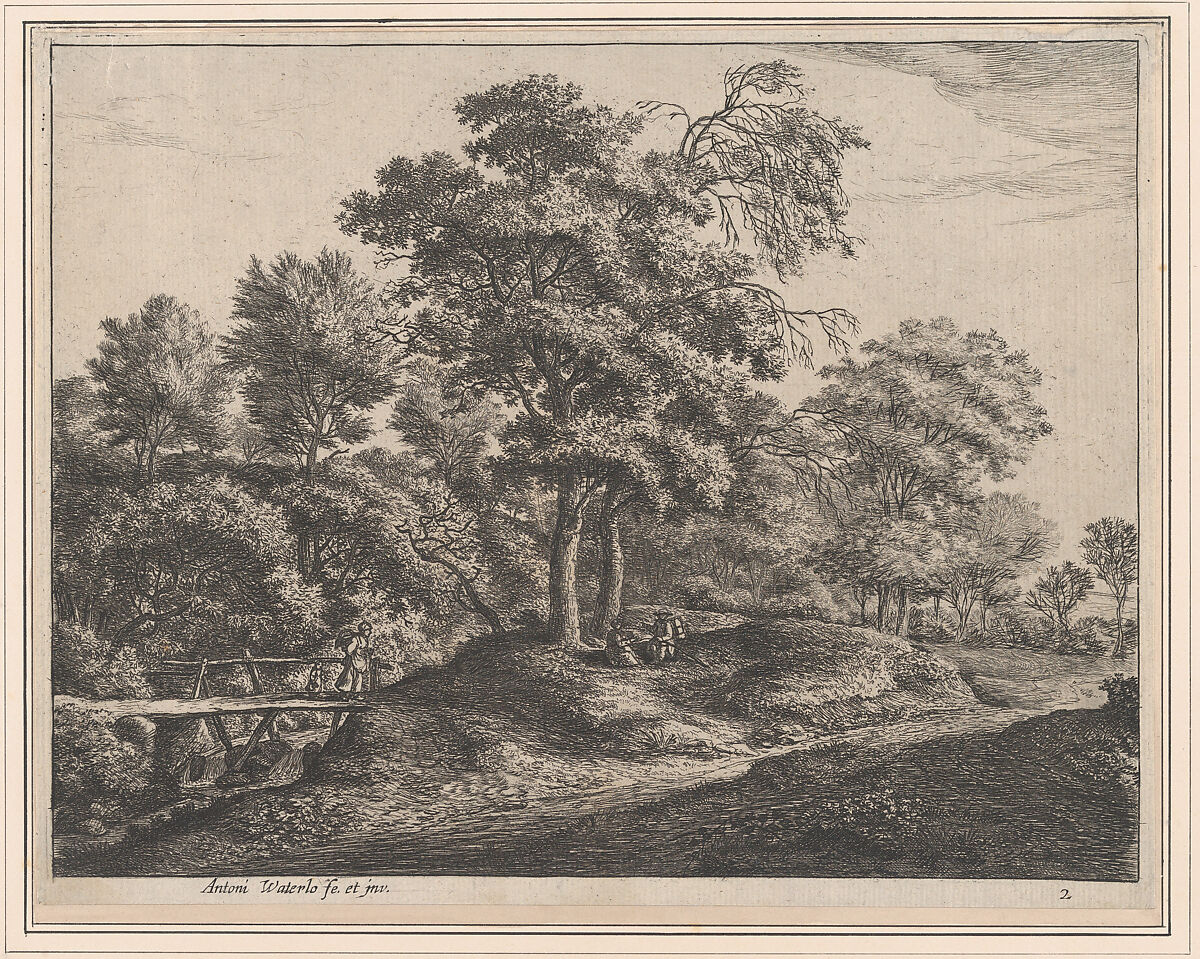 A Peasant Woman and Daughter on a Small Wooden Bridge, Anthonie Waterloo (Dutch, Lille 1609–1690 Utrecht), Etching; third state of three 