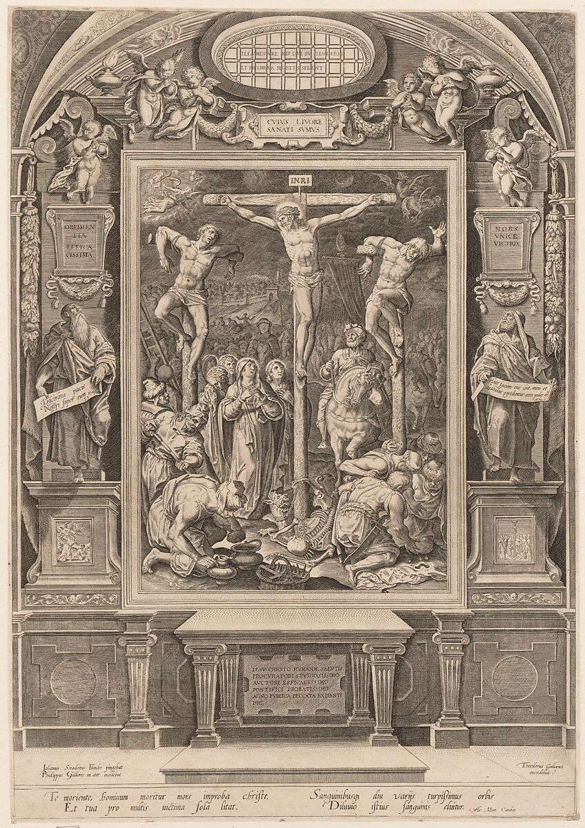 Christ on the Cross between Two Thieves, Engraved by Philips Galle (Netherlandish, Haarlem 1537–1612 Antwerp), Engraving 