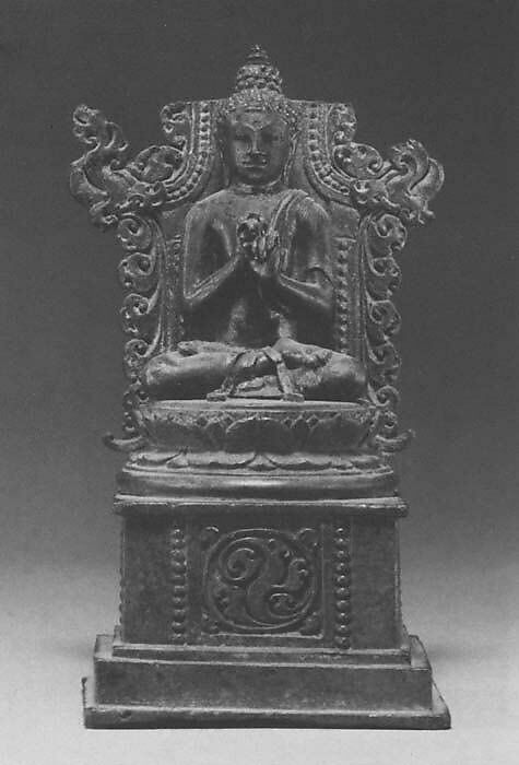 Seated Transcendent Buddha Vairochana, Buddha: silver;  pedestal and throne back: bronze, Indonesia (Java) 
