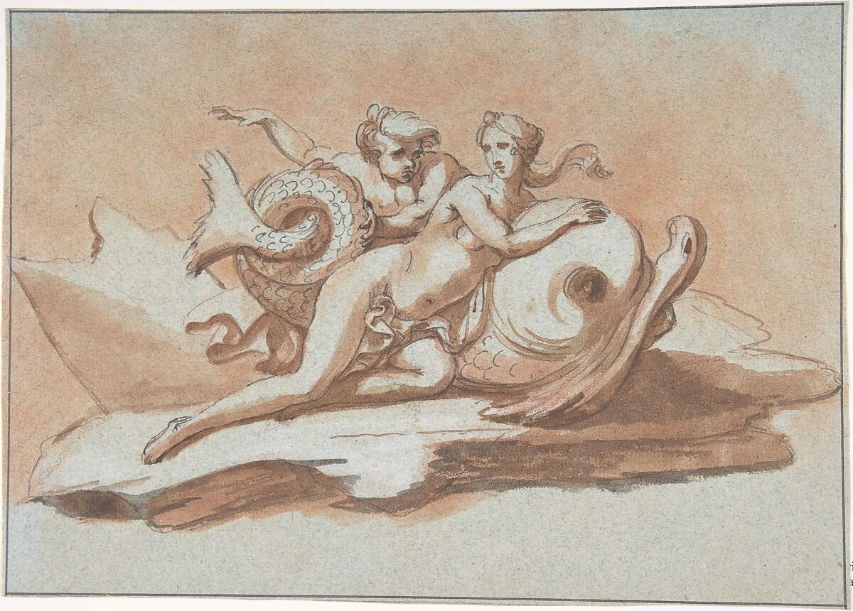 A Sea Nymph and a Triton on a Dolphin, Peter Anton von Verschaffelt (Flemish, Ghent 1710–1793 Mannheim), Pen and gray ink, red chalk, red and gray wash. Framing line in pen and gray ink (possible by the artist). 