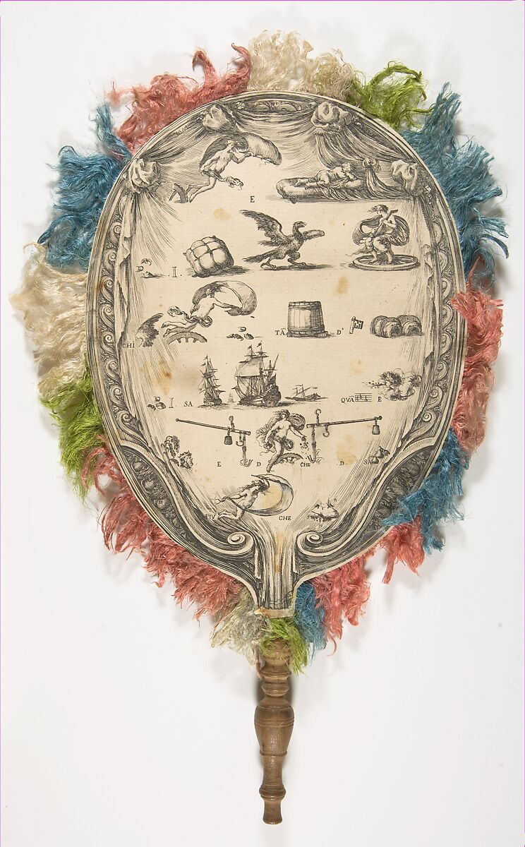 A fan with a rebus on Love on one side Fortune on the other, Stefano della Bella (Italian, Florence 1610–1664 Florence), Etching fashioned to form a fan with fringe around the edges and wooden handle 