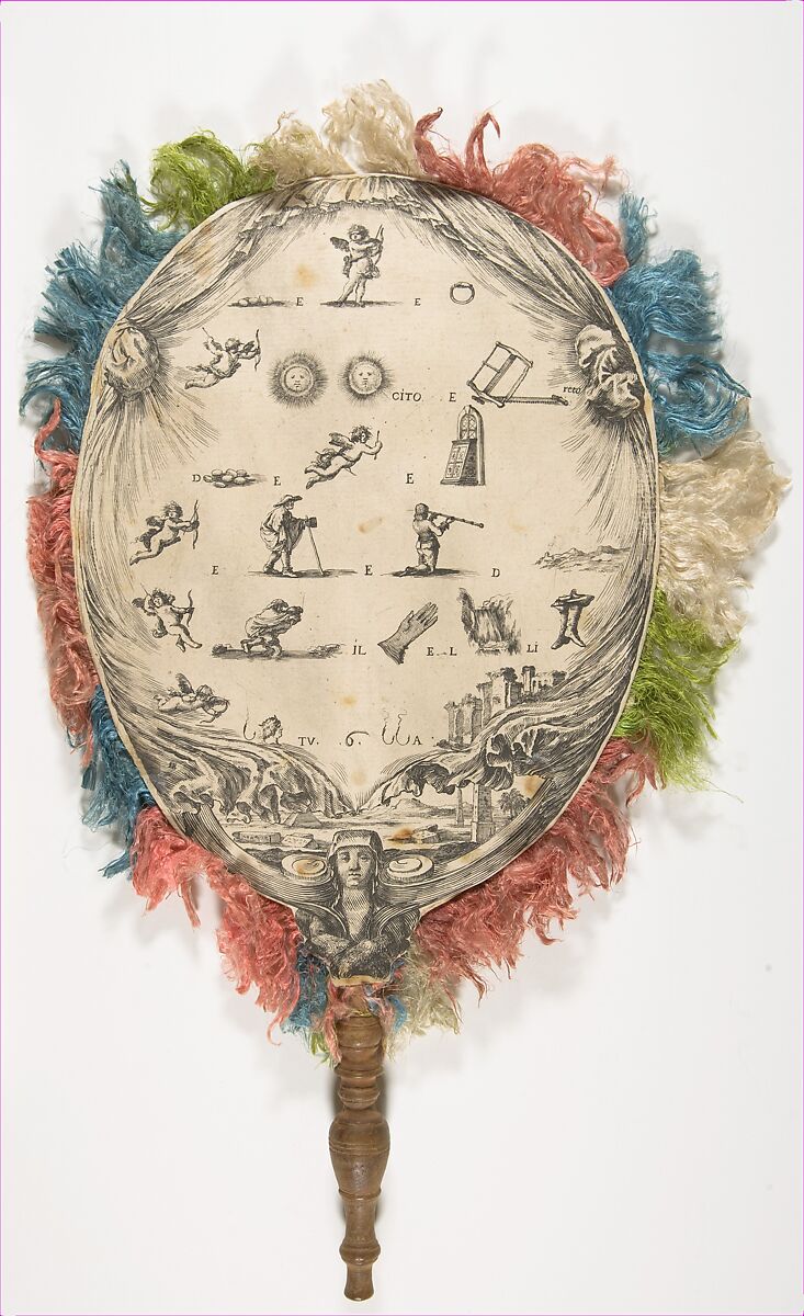 A fan with a rebus on Love on one side Fortune on the other, Stefano della Bella (Italian, Florence 1610–1664 Florence), Etching fashioned to form a fan with fringe around the edges and wooden handle