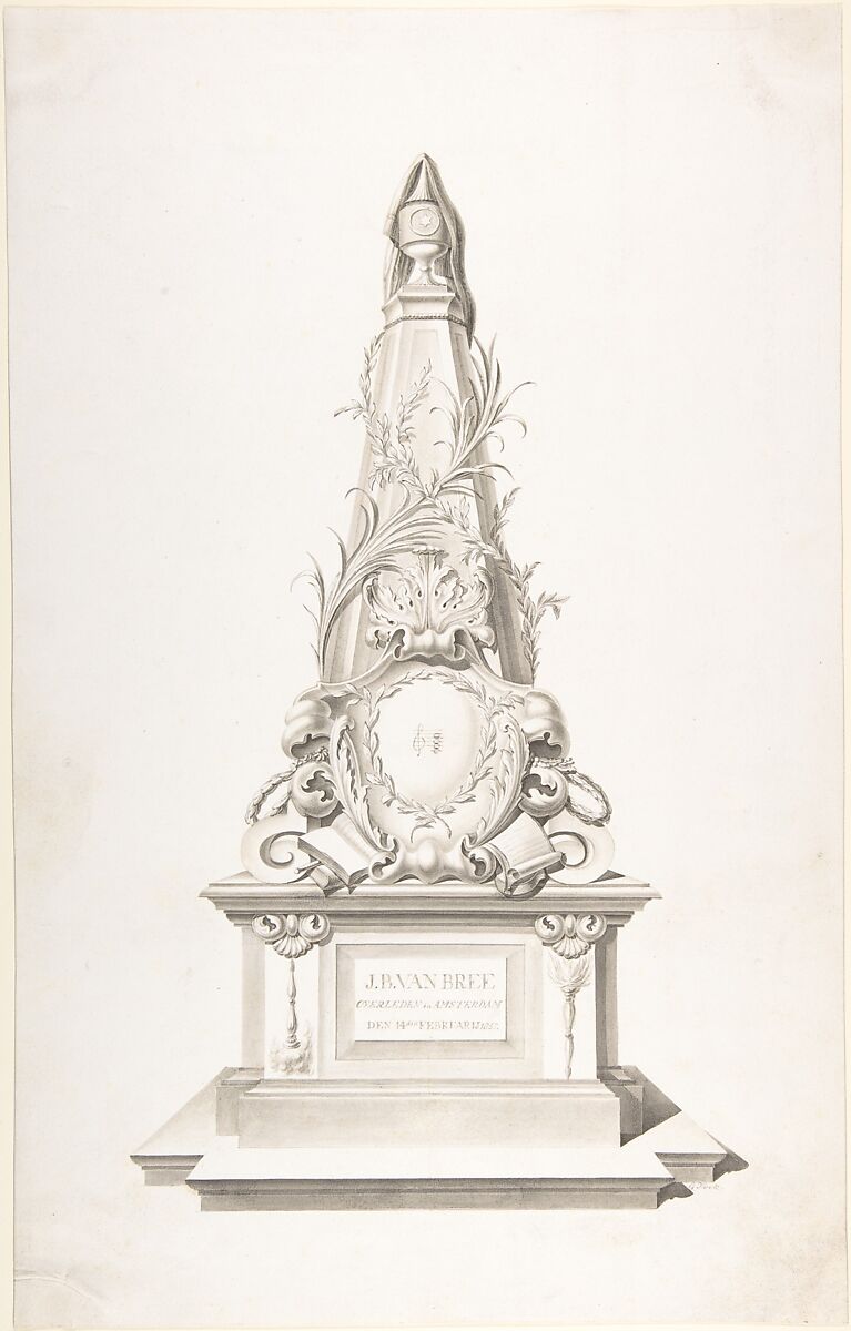 Pyramid monument for J.B. van Bree, G. Fock (Dutch, active ca. 1857), Pen and brush with gray ink, brush and gray wash, with traces of ruled graphite lines 