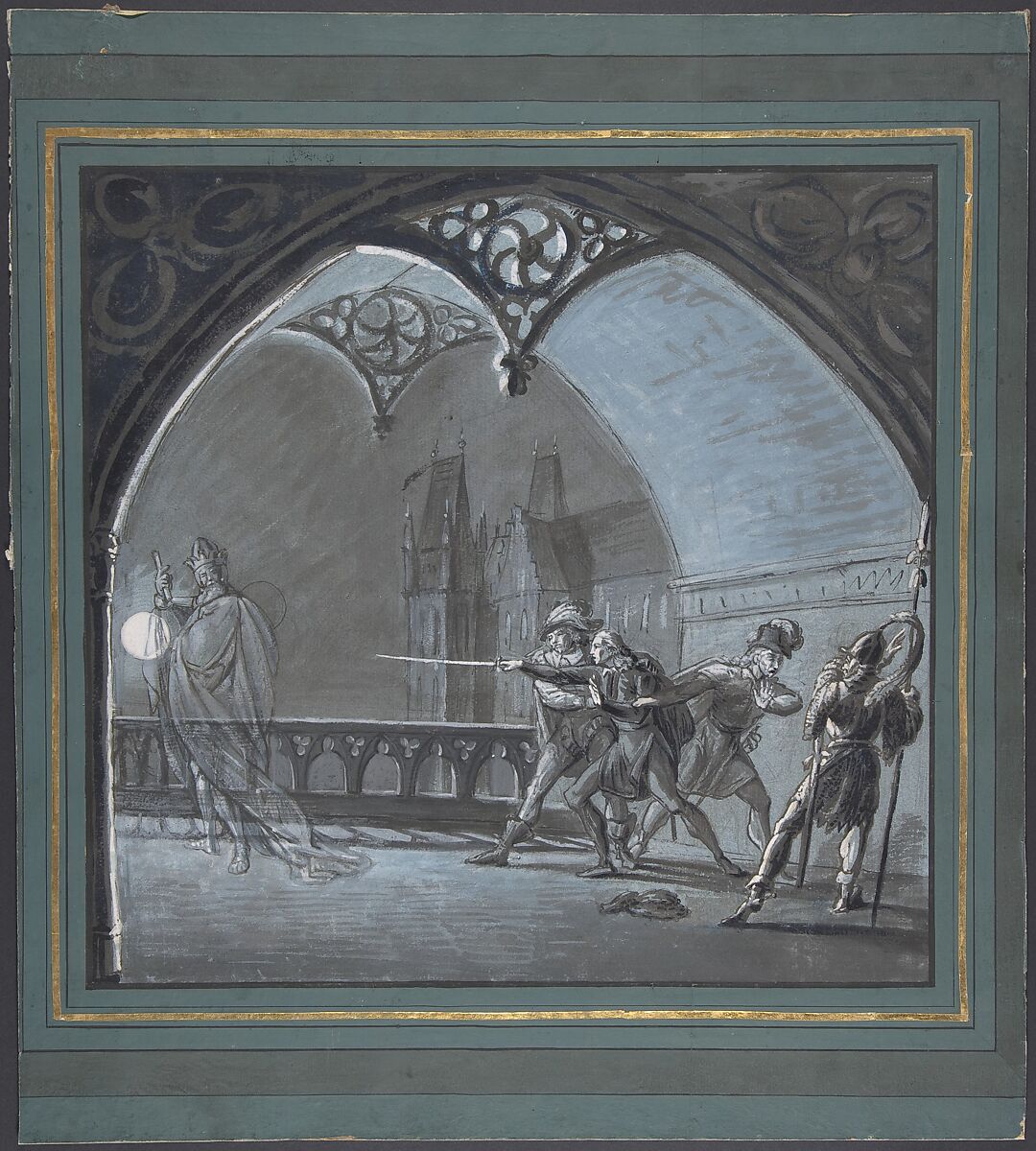 The Ghost of the King Appearing to Hamlet, Horatio and Guards (Hamlet, Act 1, Scene 4), Anonymous, French, 19th century, Brush and brown ink, gouache, and wash on blue paper. Pen and black ink framing lines added when mounted.