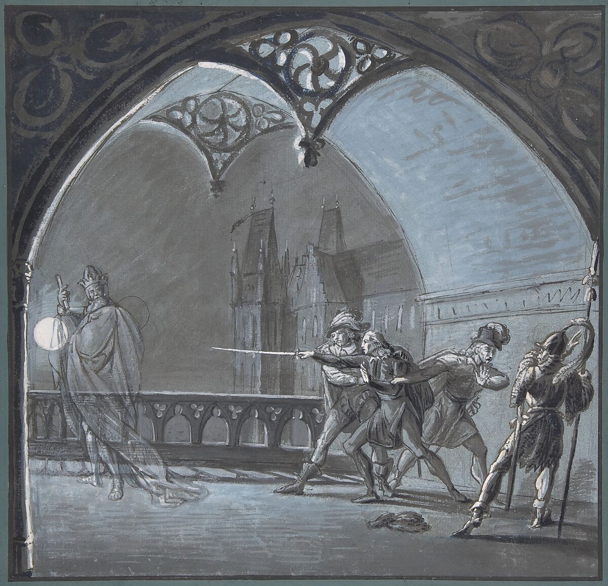 The Ghost of the King Appearing to Hamlet, Horatio and Guards (Hamlet, Act 1, Scene 4), Anonymous, French, 19th century, Brush and brown ink, gouache, and wash on blue paper. Pen and black ink framing lines added when mounted.