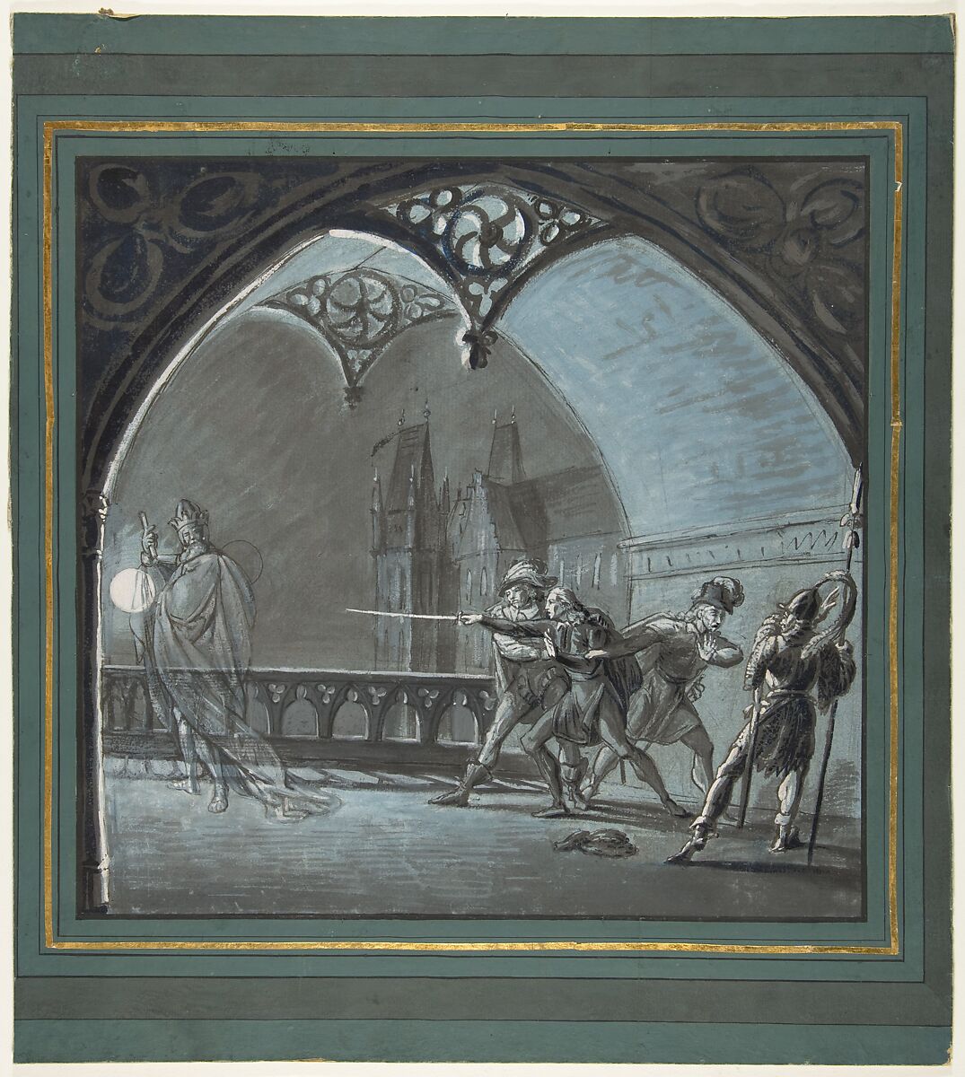 The Ghost of the King Appearing to Hamlet, Horatio and Guards (Hamlet, Act 1, Scene 4), Anonymous, French, 19th century, Brush and brown ink, gouache, and wash on blue paper. Pen and black ink framing lines added when mounted. 