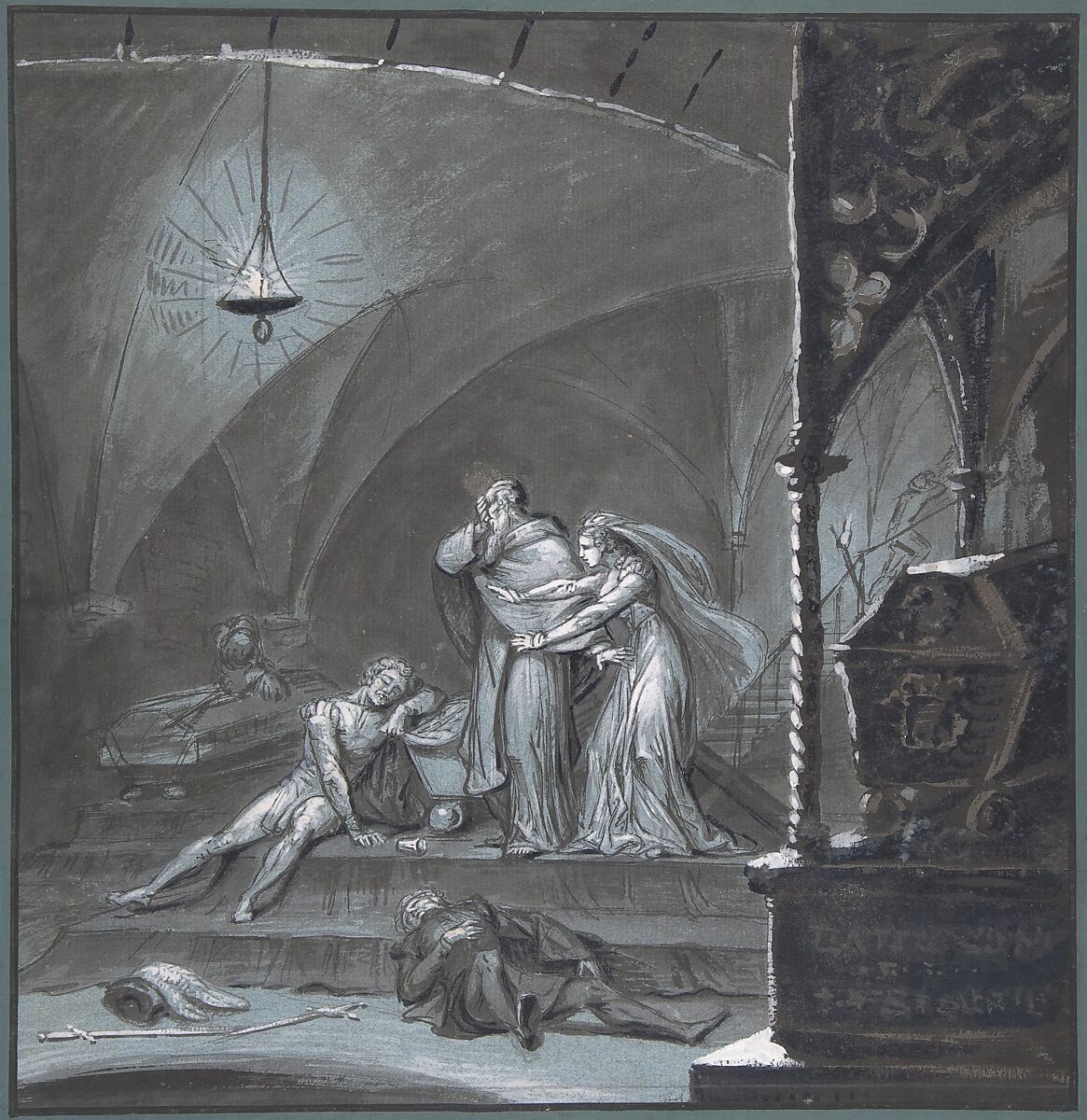 Friar Lawrence and Juliet Discover the Bodies of Romeo and Paris (Romeo and Juliet, Act 5, scene 3), Anonymous, French, 19th century, Brush and brown and black ink, gouache, and wash. Pen and black ink framing lines added when mounted on blue paper.
