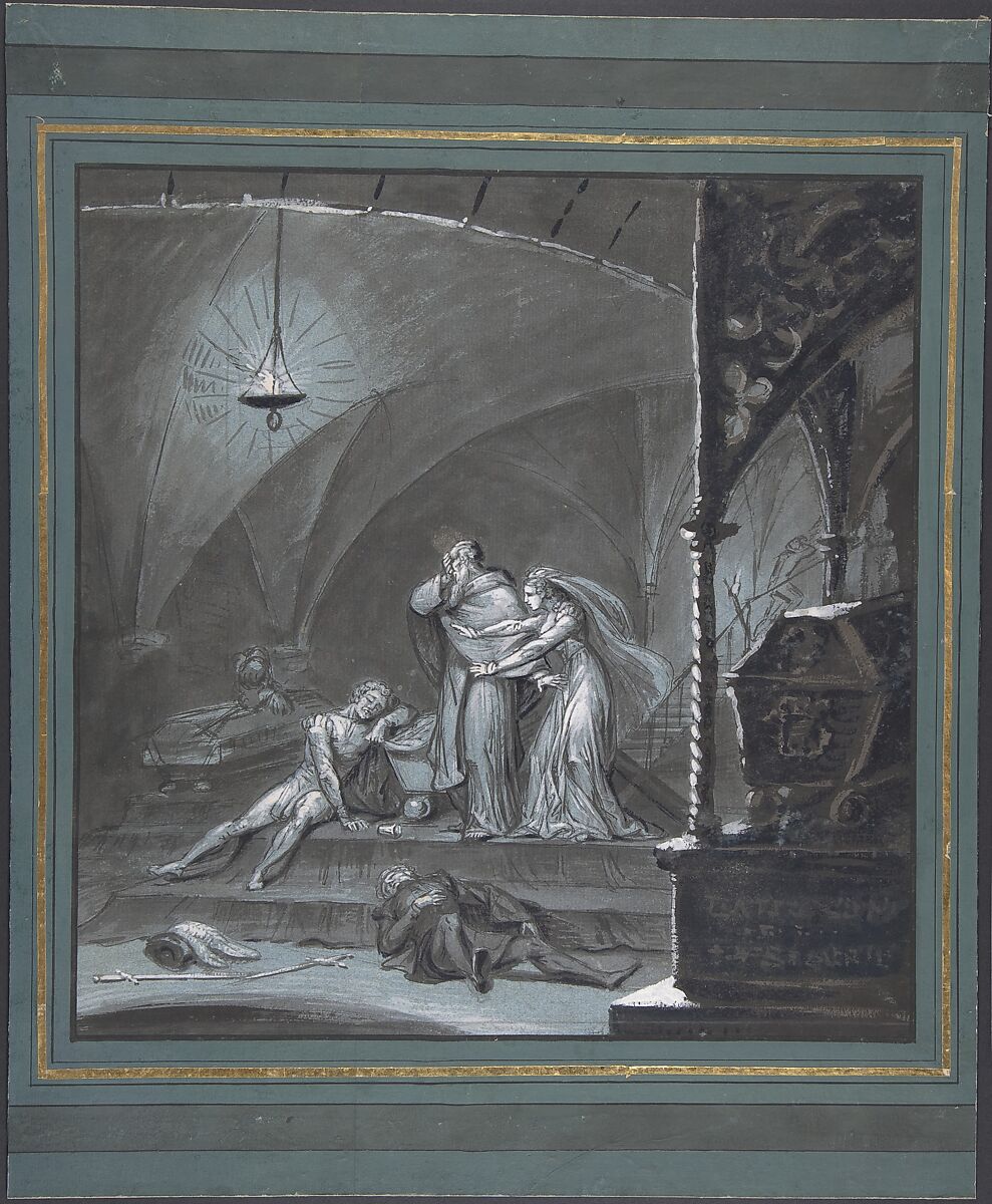 Friar Lawrence and Juliet Discover the Bodies of Romeo and Paris (Romeo and Juliet, Act 5, scene 3), Anonymous, French, 19th century, Brush and brown and black ink, gouache, and wash. Pen and black ink framing lines added when mounted on blue paper.