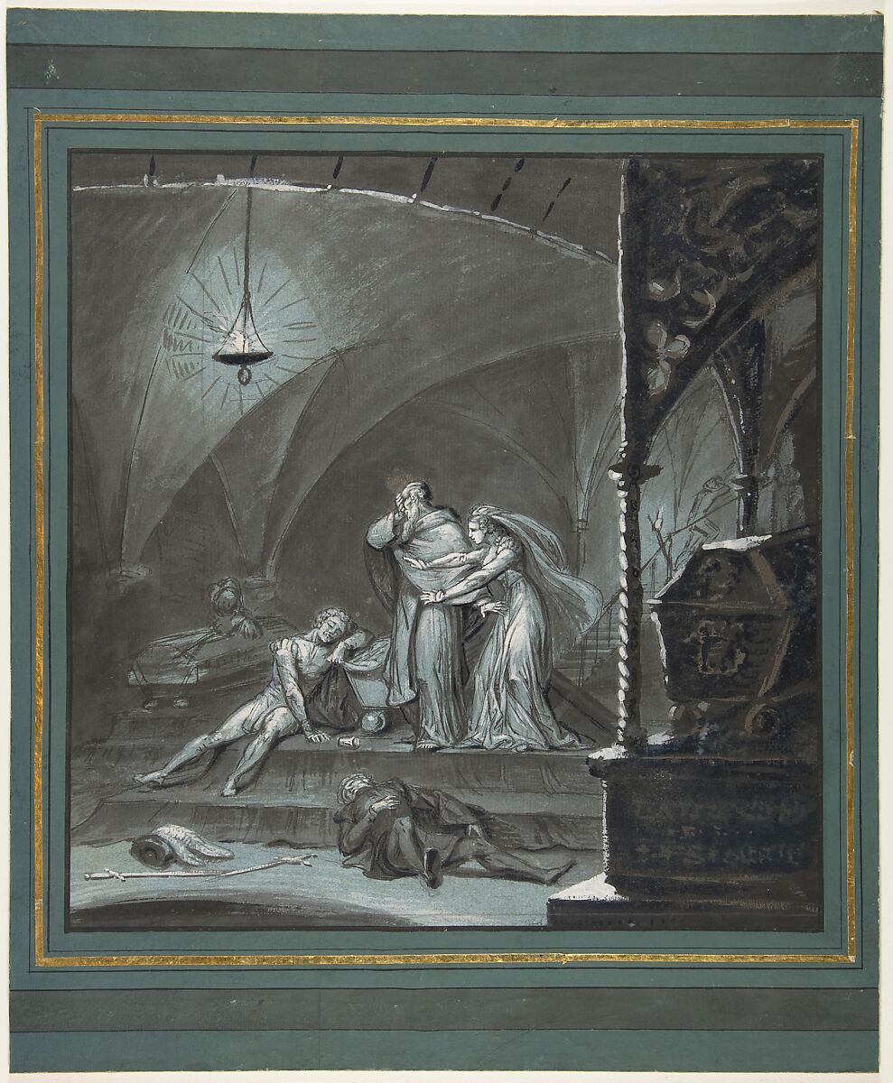 Friar Lawrence and Juliet Discover the Bodies of Romeo and Paris (Romeo and Juliet, Act 5, scene 3), Anonymous, French, 19th century, Brush and brown and black ink, gouache, and wash. Pen and black ink framing lines added when mounted on blue paper. 