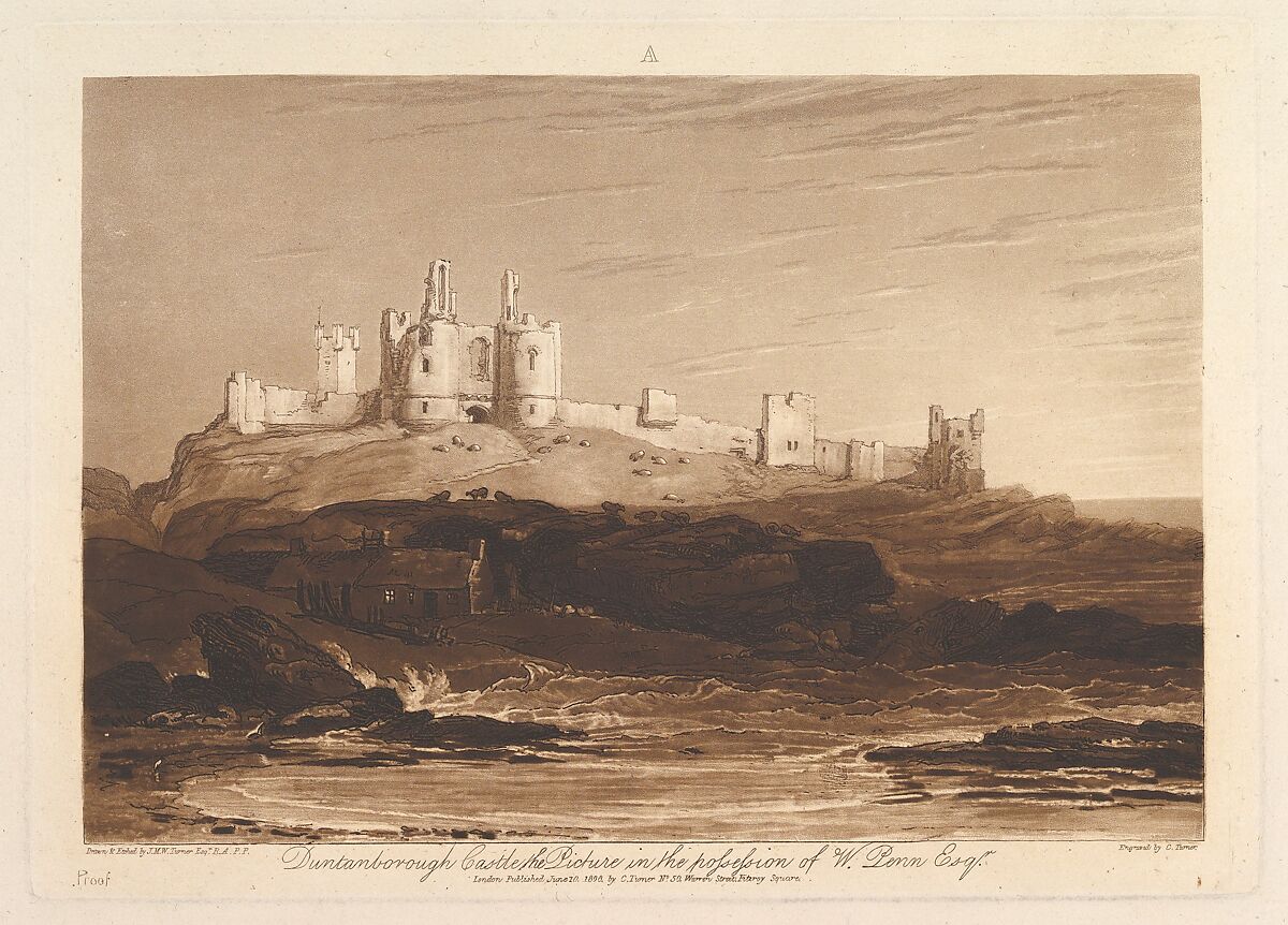 Dunstanborough Castle, part III, plate 14 from "Liber Studiorum", Designed and etched by Joseph Mallord William Turner (British, London 1775–1851 London), Etching, aquatint and mezzotint; first state 