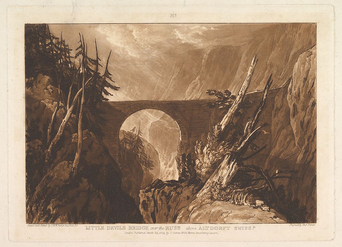 Little Devil's Bridge over the Russ, above Altdorft, Switzerland, part IV, plate 19 from "Liber Studiorum", Designed and etched by Joseph Mallord William Turner (British, London 1775–1851 London), Etching and mezzotint; first state of three 