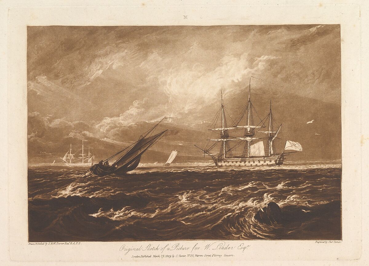 The Leader Sea Piece, part IV, plate 20 from "Liber Studiorum", Designed and etched by Joseph Mallord William Turner (British, London 1775–1851 London), Etching and mezzotint; first state of three 