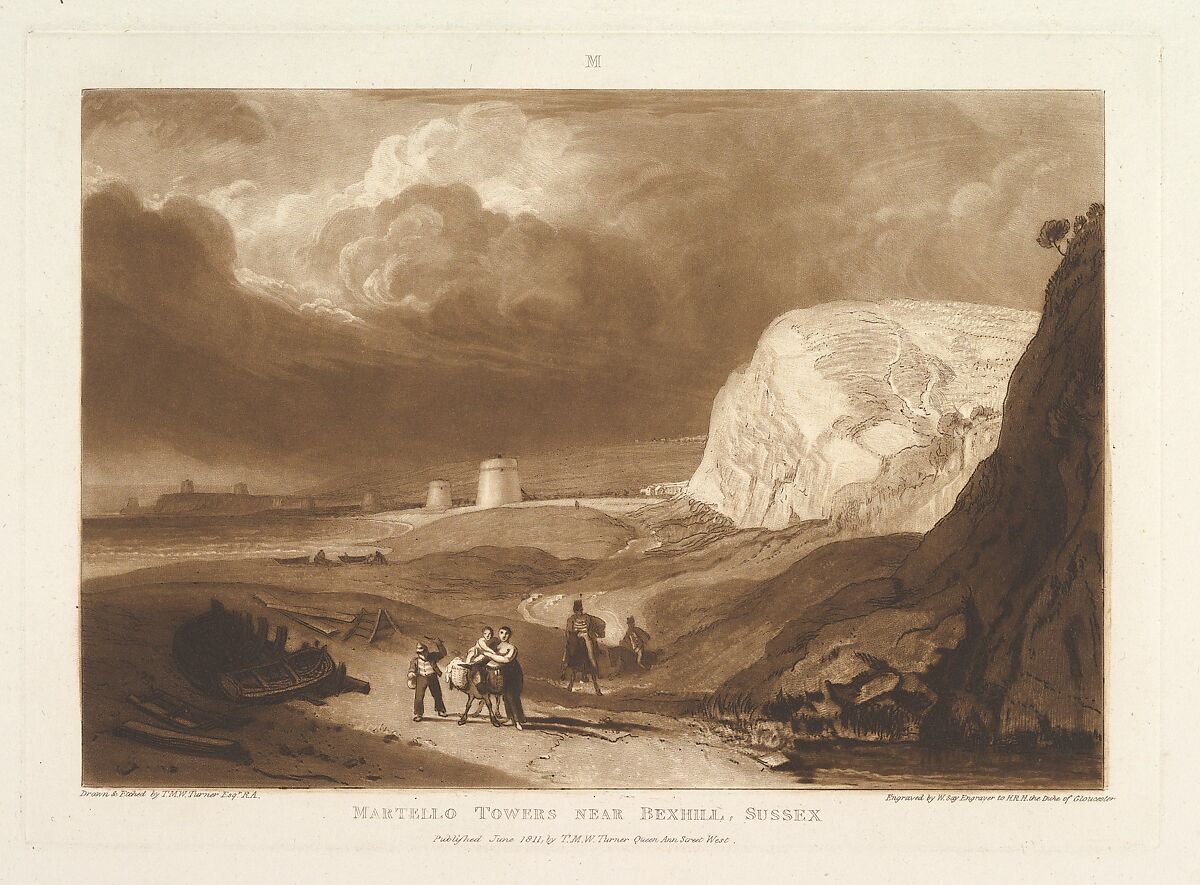 Martello Towers near Bexhill, Sussex (Liber Studiorum, part VII, plate 34), Designed and etched by Joseph Mallord William Turner (British, London 1775–1851 London), Etching and mezzotint; first state of four (Finberg) 