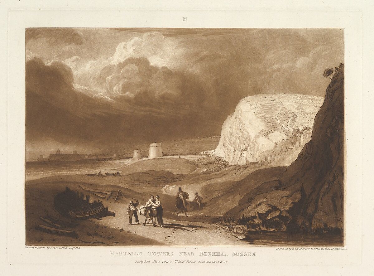 Martello Towers near Bexhill, Sussex, part VII, plate 34 from "Liber Studiorum", Designed and etched by Joseph Mallord William Turner (British, London 1775–1851 London), Etching and mezzotint; first state of four (Finberg) 