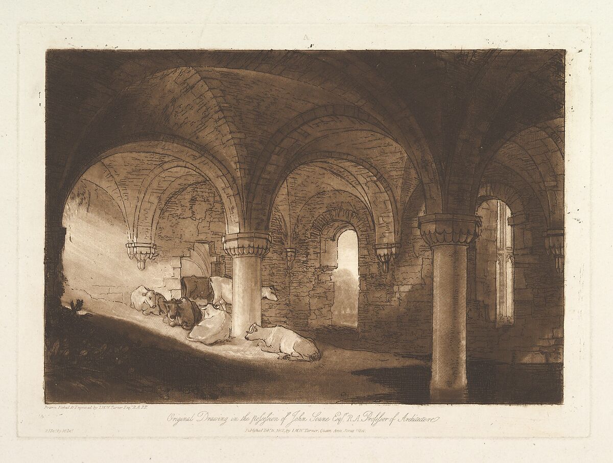 Crypt of Kirkstall Abbey, part ViII, plate 39 from "Liber Studiorum", Joseph Mallord William Turner (British, London 1775–1851 London), Etching, aquatint and mezzotint; second state of four 
