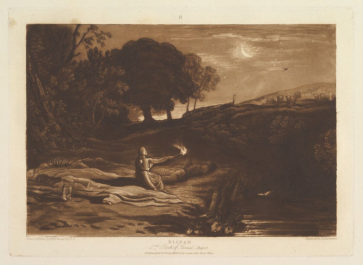 Rispah, 2nd Book of Samuel, Chapter 21, part IX, plate 46 from "Liber Studiorum", Designed and etched by Joseph Mallord William Turner (British, London 1775–1851 London), Etching and mezzotint; first state of four 
