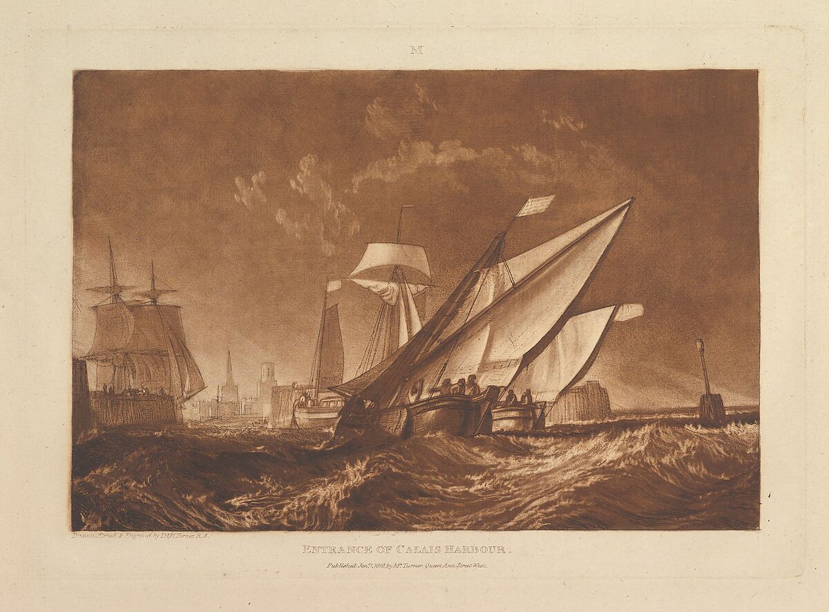 Entrance of Calais Harbour, part XI, plate 55 from "Liber Studiorum", Joseph Mallord William Turner (British, London 1775–1851 London), Etching, aquatint and mezzotint; first state of six 