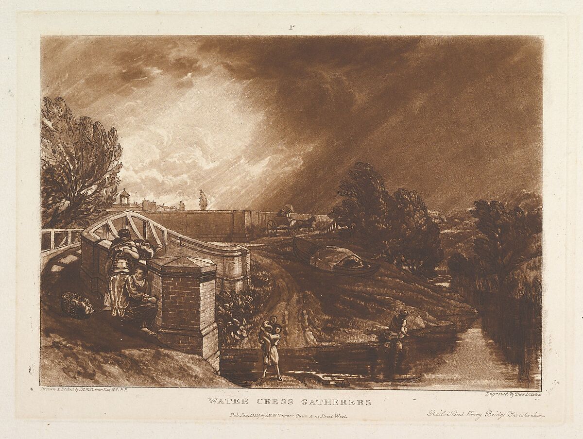 Water Cress Gatherers, Rails Head Ferry Bridge, Twickenham, part XIII, plate 62 from "Liber Studiorum", Designed and etched by Joseph Mallord William Turner (British, London 1775–1851 London), Etching and mezzotint; second state of three 