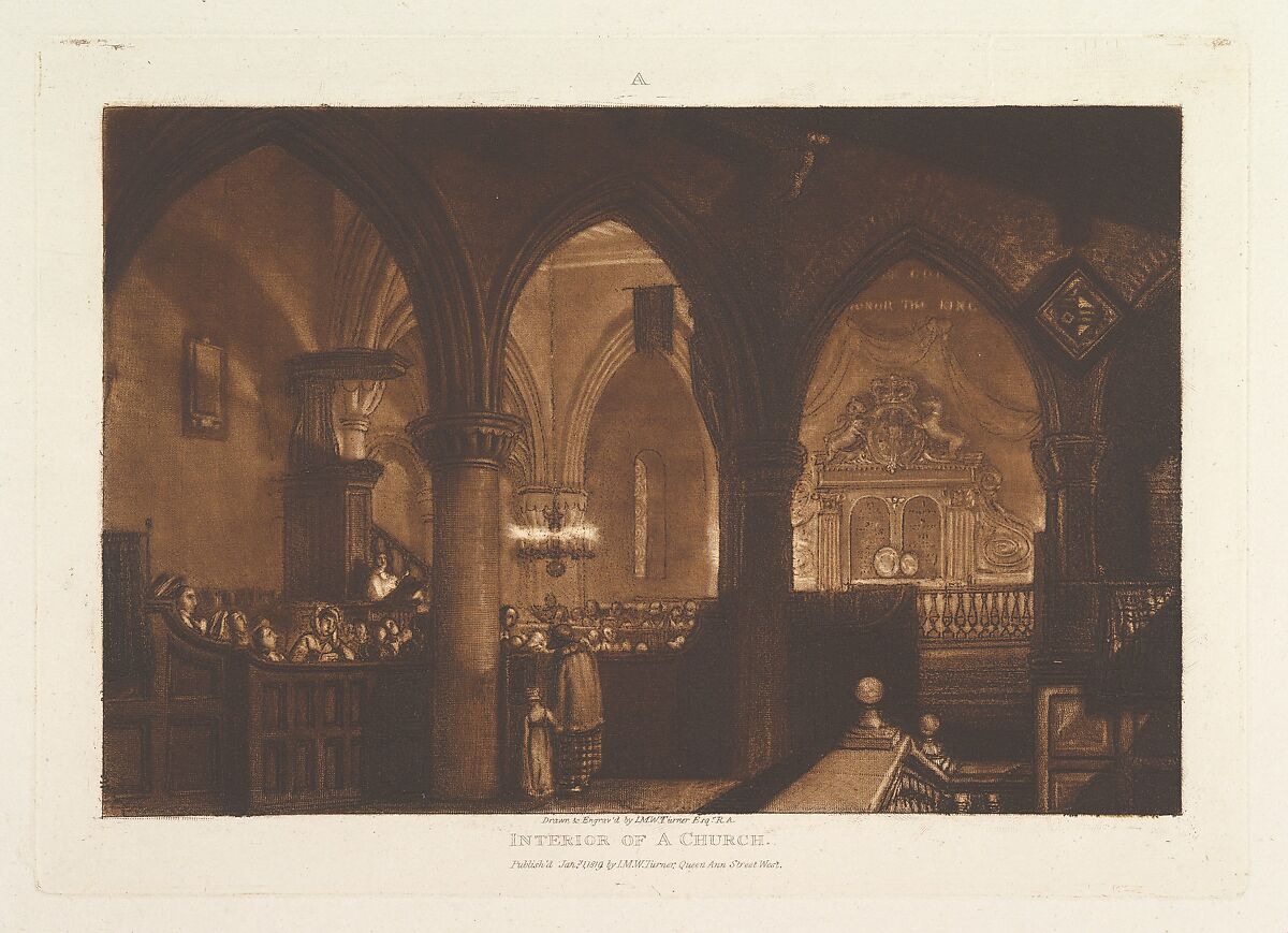Interior of a Church, part XIV, plate 70 from "Liber Studiorum", Joseph Mallord William Turner (British, London 1775–1851 London), Etching and mezzotint; first state of five (Finberg) 