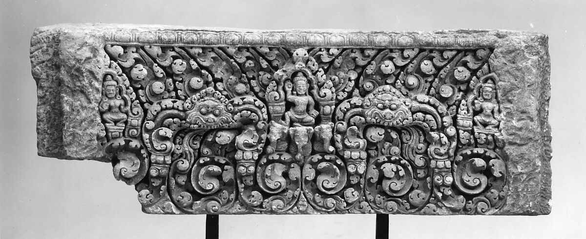 Lintel with Indra and Two Attendants, Grey sandstone, Thailand 