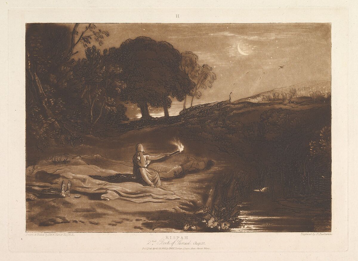 Rispah, 2nd Book of Samuel, Chapter 21 (Liber Studiorum, part IX, plate 46), Designed and etched by Joseph Mallord William Turner (British, London 1775–1851 London), Etching and mezzotint; fourth state of four 