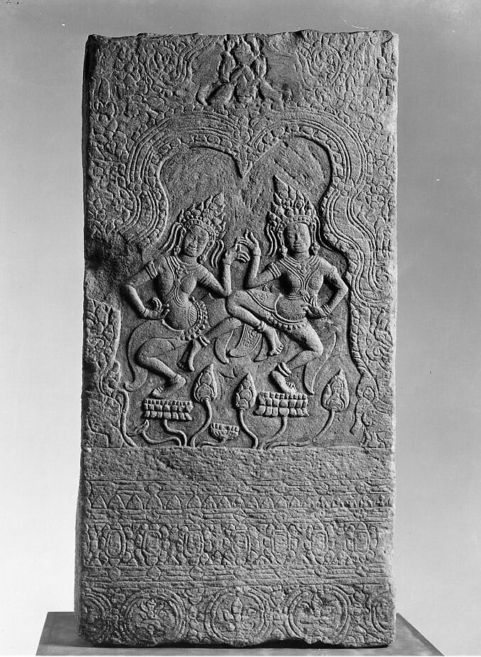 Pillar Fragment with Dancing Apsaras, Stone, Cambodia