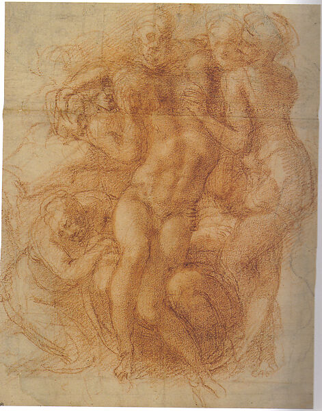 Lamentation (recto); Studies of Legs and Draperies (verso), Michelangelo Buonarroti (Italian, Caprese 1475–1564 Rome), Red chalk (recto); pen and ink (verso) 