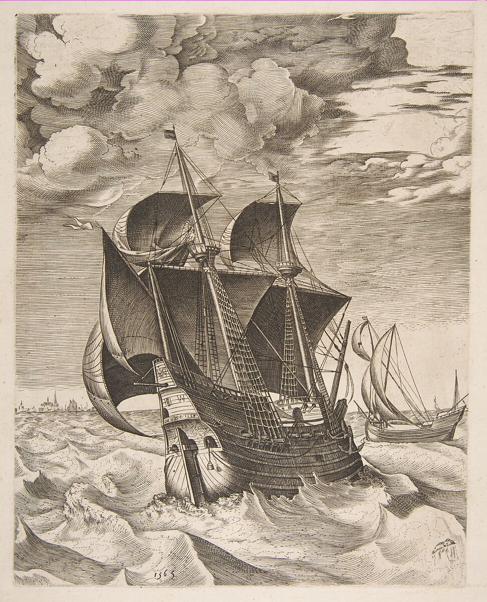 A Dutch Hulk and a Boeier from The Sailing Vessels, After Pieter Bruegel the Elder (Netherlandish, Breda (?) ca. 1525–1569 Brussels), Engraving; first state of two 