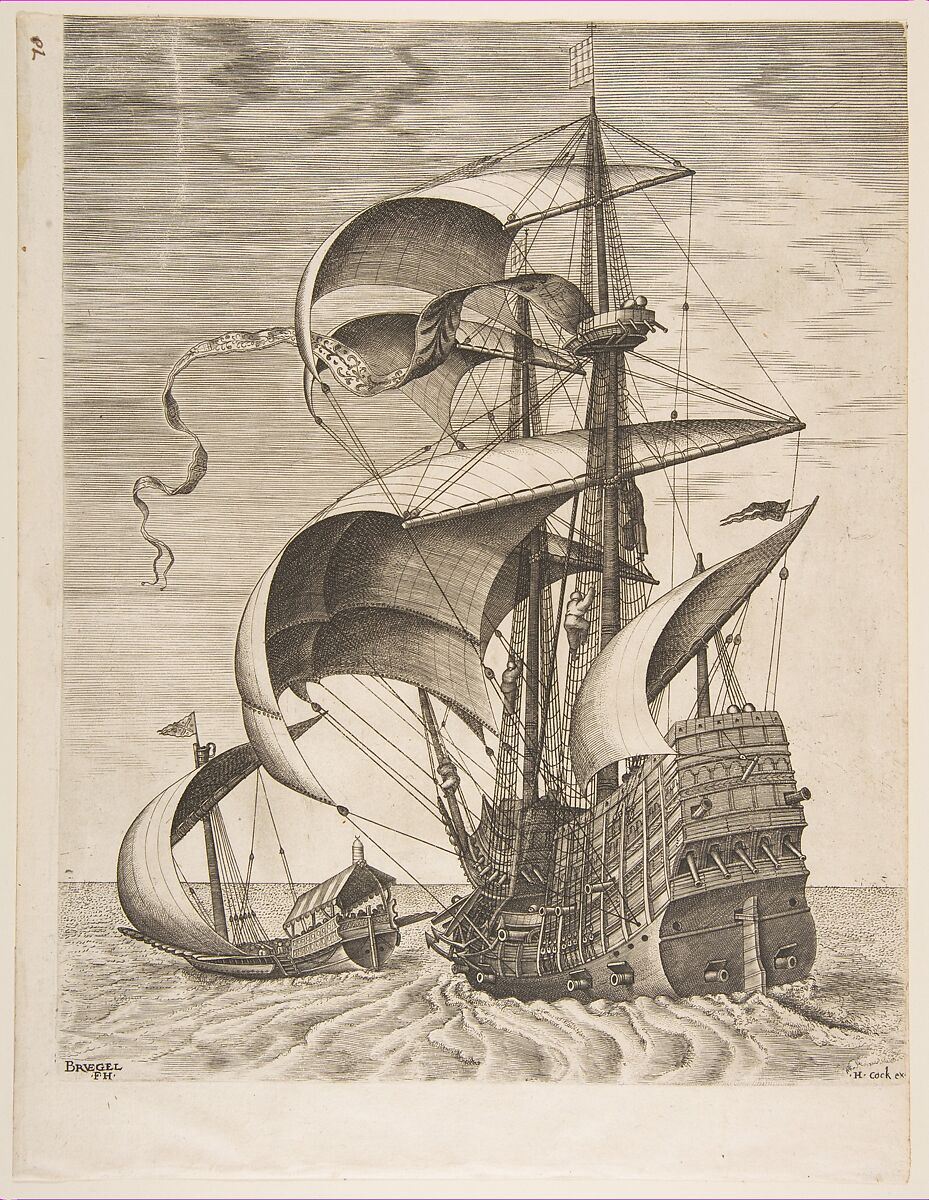 Armed Three-Master on the Open Sea Accompanied by a Galley from The Sailing Vessels, After Pieter Bruegel the Elder (Netherlandish, Breda (?) ca. 1525–1569 Brussels), Engraving and etching; second state of three 