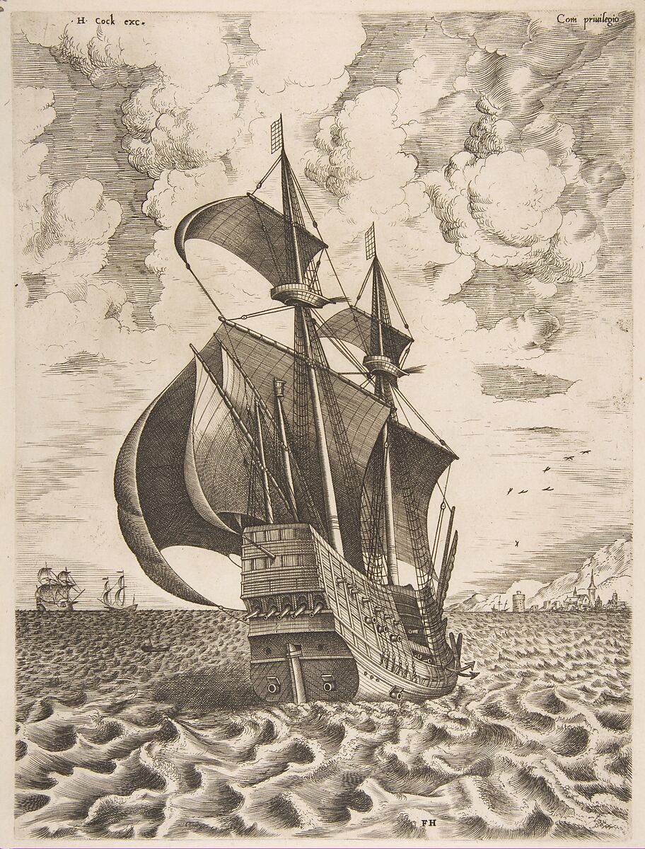 Armed Four-Master Sailing Towards a Port from The Sailing Vessels, After Pieter Bruegel the Elder (Netherlandish, Breda (?) ca. 1525–1569 Brussels), Engraving; second state of four 