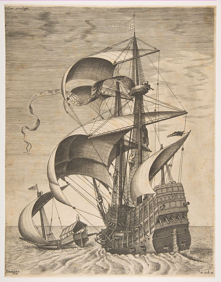 Armed Three-Master on the Open Sea Accompanied by a Galley, from the series  Sailing Vessels, After Pieter Bruegel the Elder (Netherlandish, Breda (?) ca. 1525–1569 Brussels), Engraving; second state of three 
