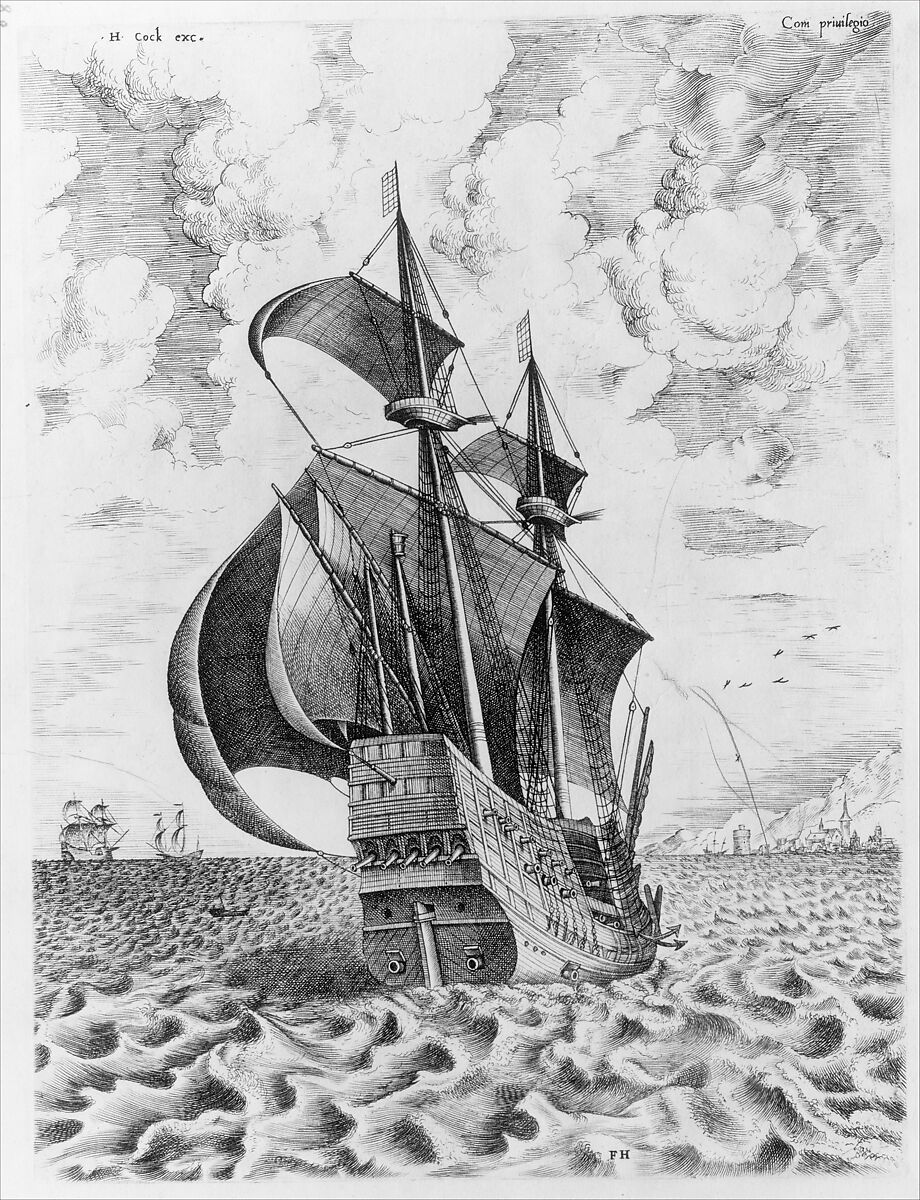 Armed Four-Master Putting Out to Sea from The Sailing Vessels, Frans Huys (Netherlandish, 1522–1562), Engraving