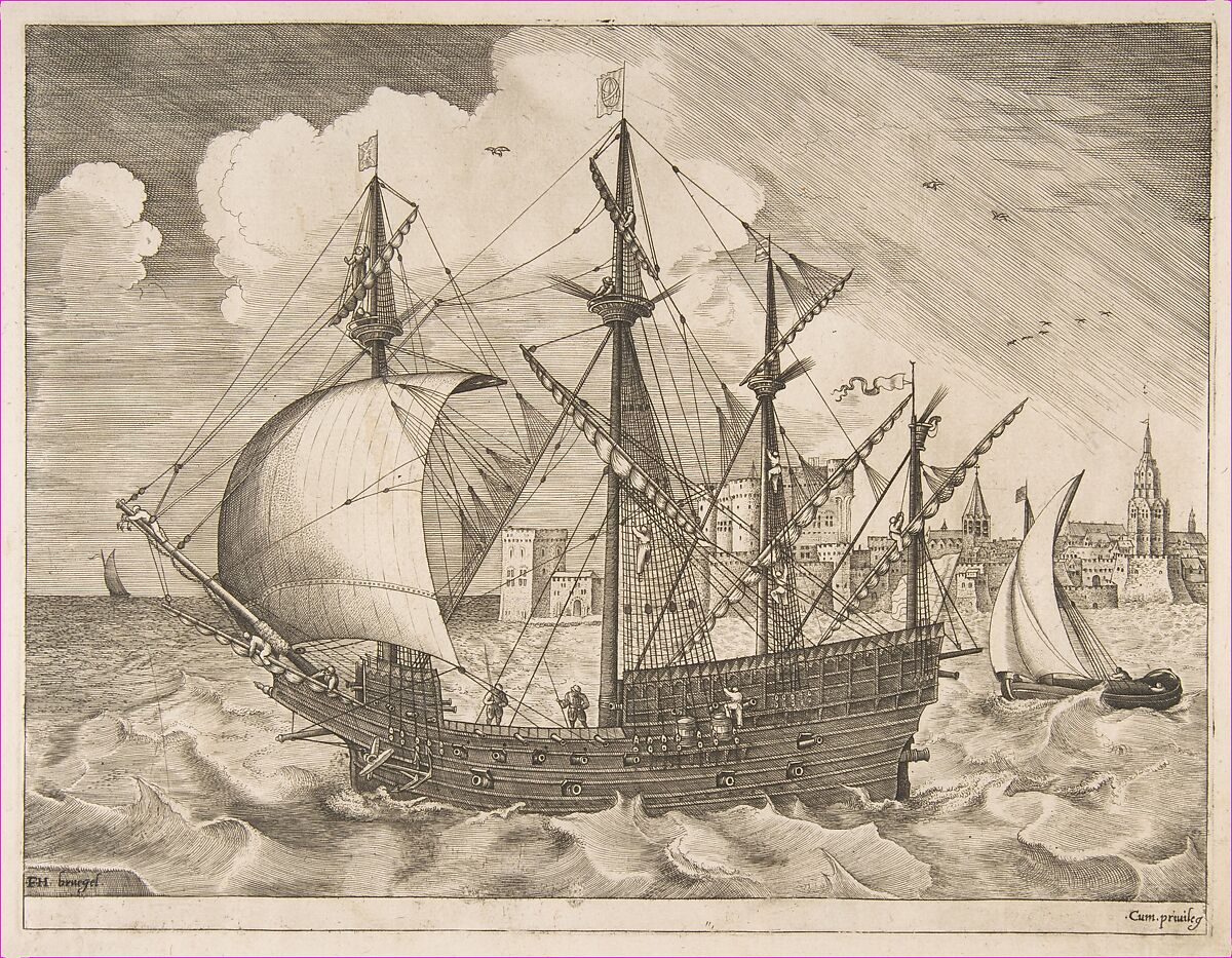 Armed Four-Master Putting Out to Sea from The Sailing Vessels, Frans Huys (Netherlandish, 1522–1562), Engraving 