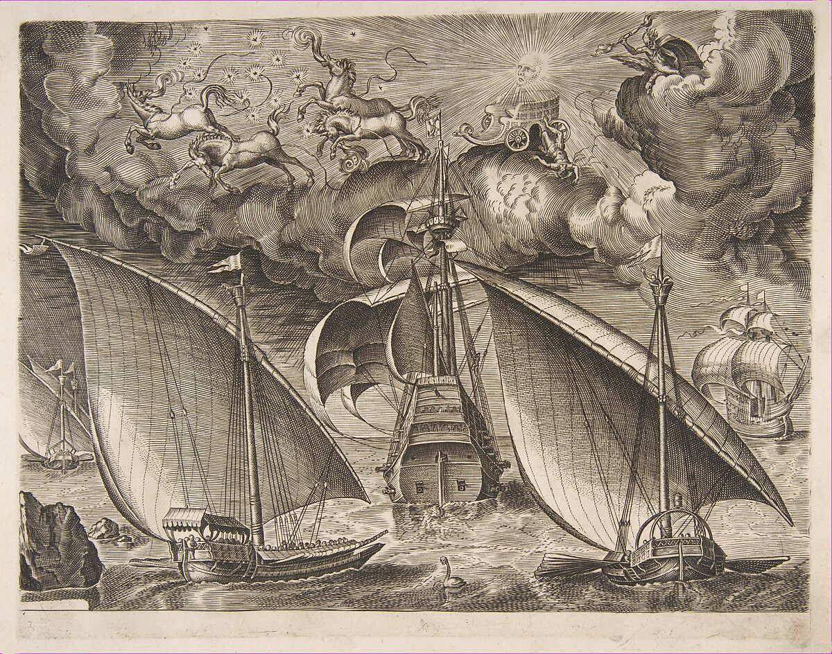 Two Galleys Sailing Behind an Armed Three-Master with Phaeton and Jupiter in the Sky, from the series of Ships, After Pieter Bruegel the Elder (Netherlandish, Breda (?) ca. 1525–1569 Brussels), Engraving; first state of two 