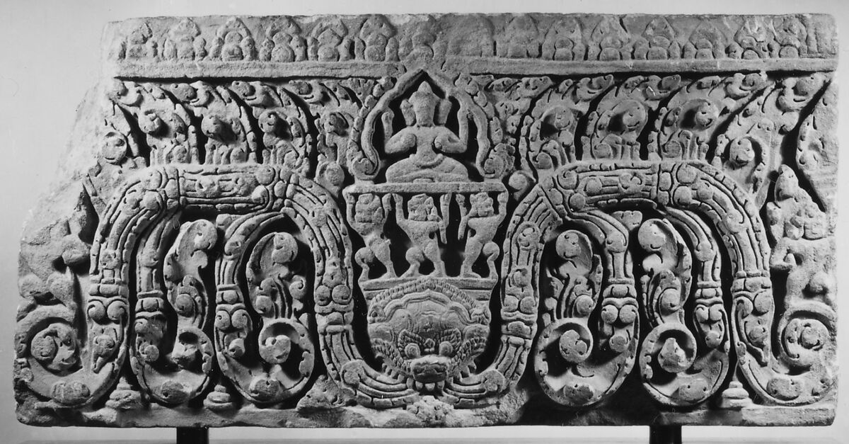 Carved Lintel with Three-Headed Buddha, Sandstone, Thailand or Cambodia 