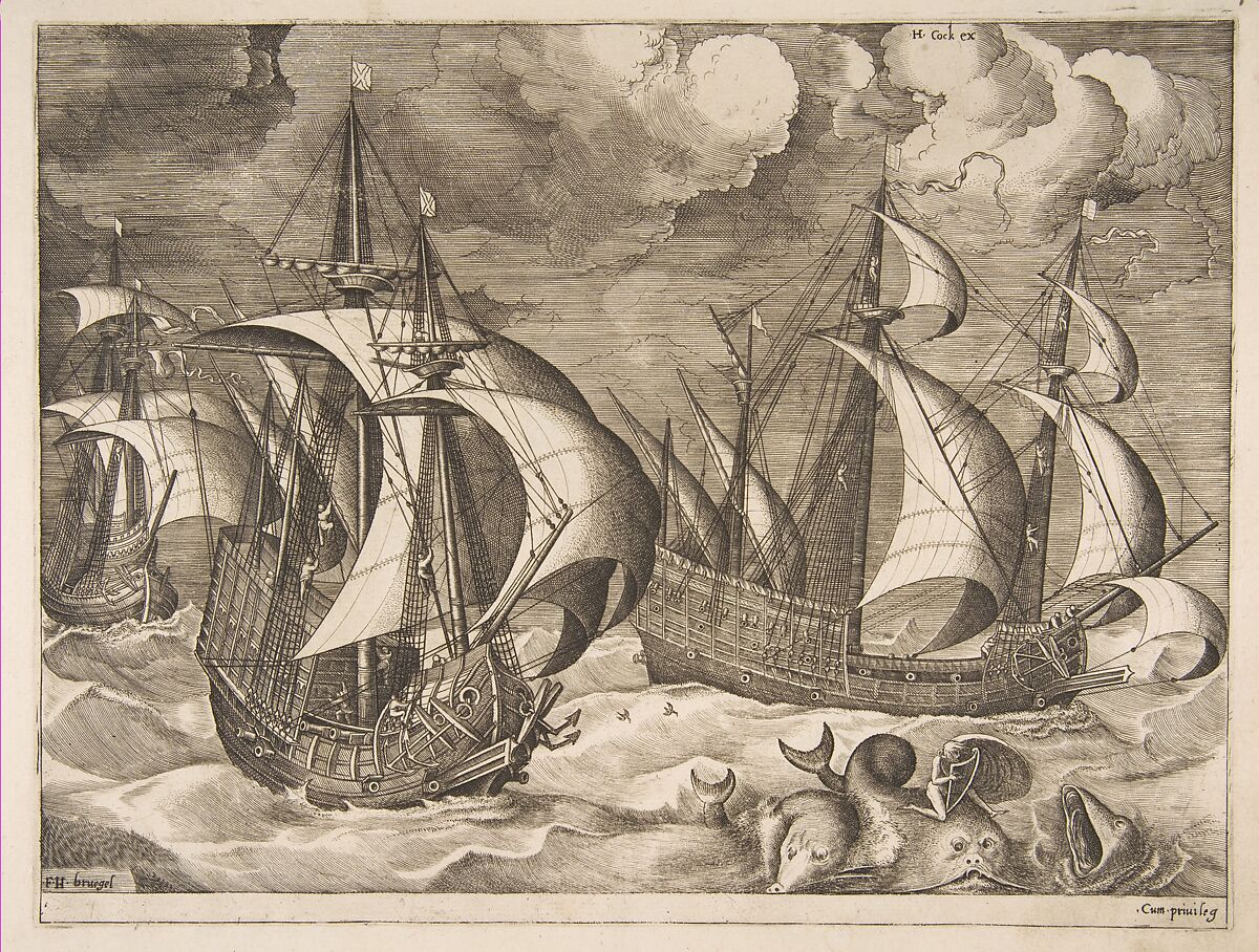 Three Caravels in a Rising Squall with Arion on a Dolphin from The Sailing Vessels, After Pieter Bruegel the Elder (Netherlandish, Breda (?) ca. 1525–1569 Brussels), Engraving; first state of six 