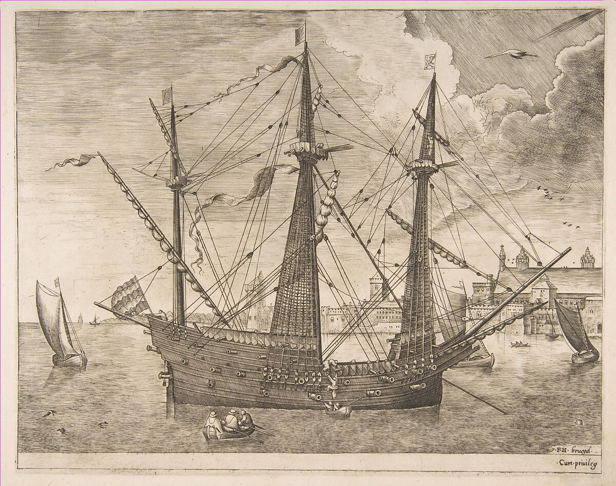 Armed Three-Master Anchored Near a City from The Sailing Vessels, Frans Huys  Netherlandish, Engraving; first state of two